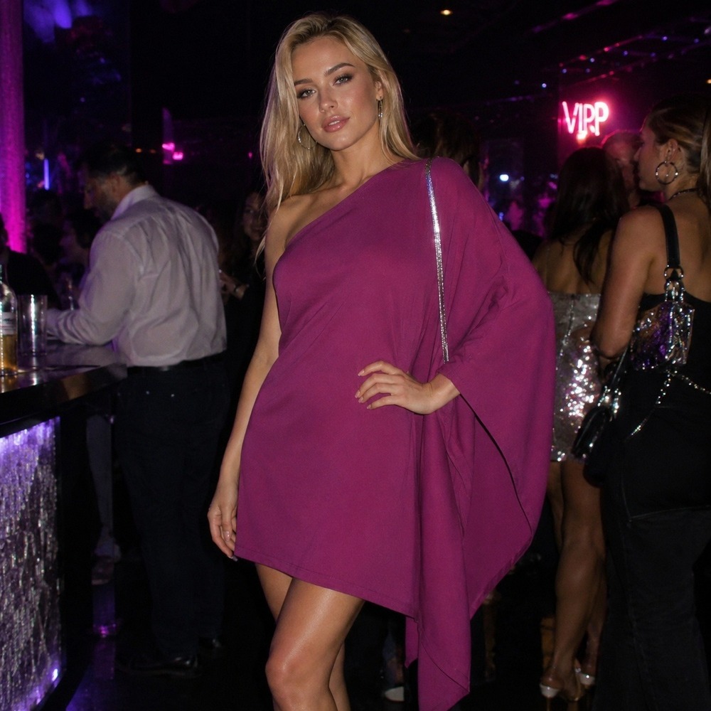 MM Couture by Miss Me‎ Y2K One Shoulder Cape Dress Magenta Purple Mini S NEW